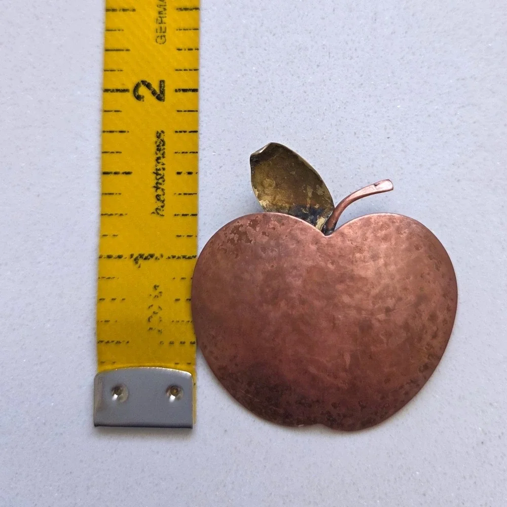 VTG Hammered Copper Apple Brooch Brass Leaf Handcrafted Mixed Metal Pin 2in